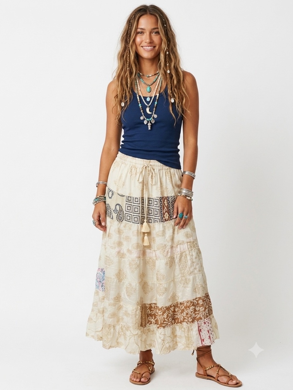 34. Boho Patchwork Sari Silk Maxi Skirt Festival Hippie Gypsy One Size India